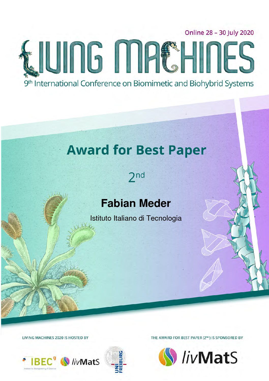 Second place for best paper award at Living Machines 2020