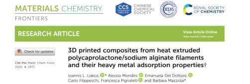 "3D printed composites from heat extruded polycaprolactone/sodium alginate filaments and their heavy metal adsorption properties" paper in Materials Chemistry Frontiers journal