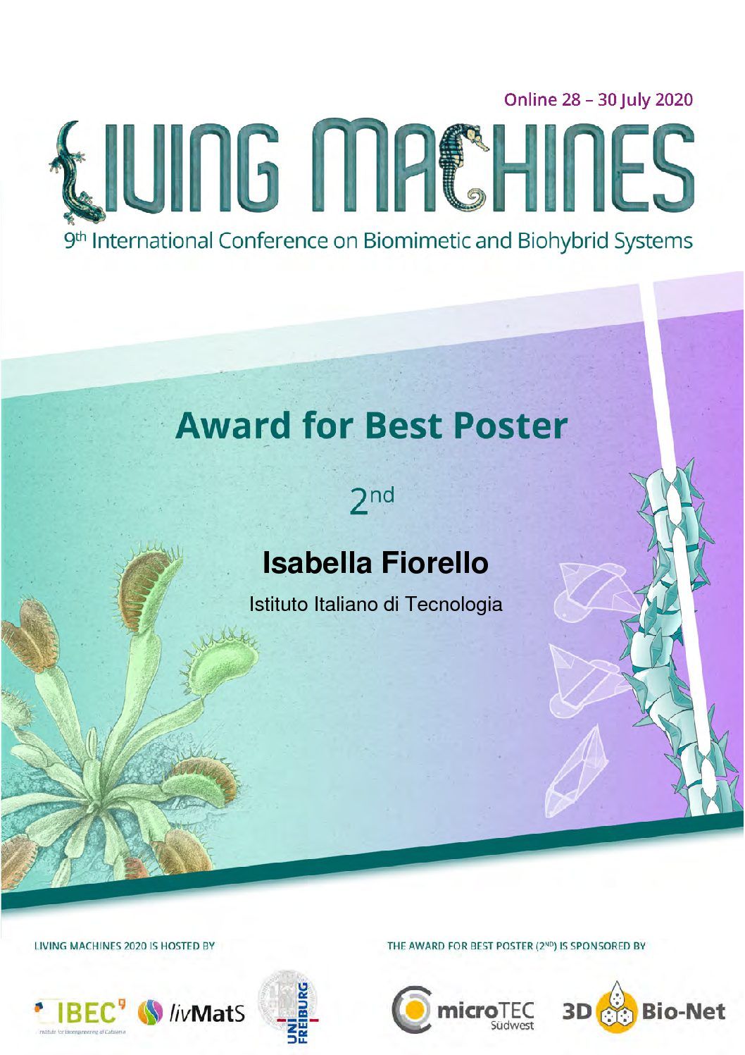 Second place for best poster award at Living Machines 2020
